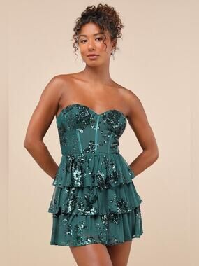 Lulus Definite Glamour Emerald Mesh Sequin Bustier Tiered Mini dress XS